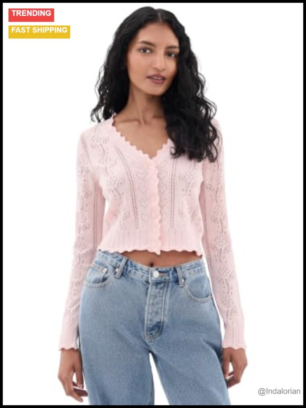 LOVESHACKFANCY Cropped Cardigan Lightweight Pointelle Knit Button Women's